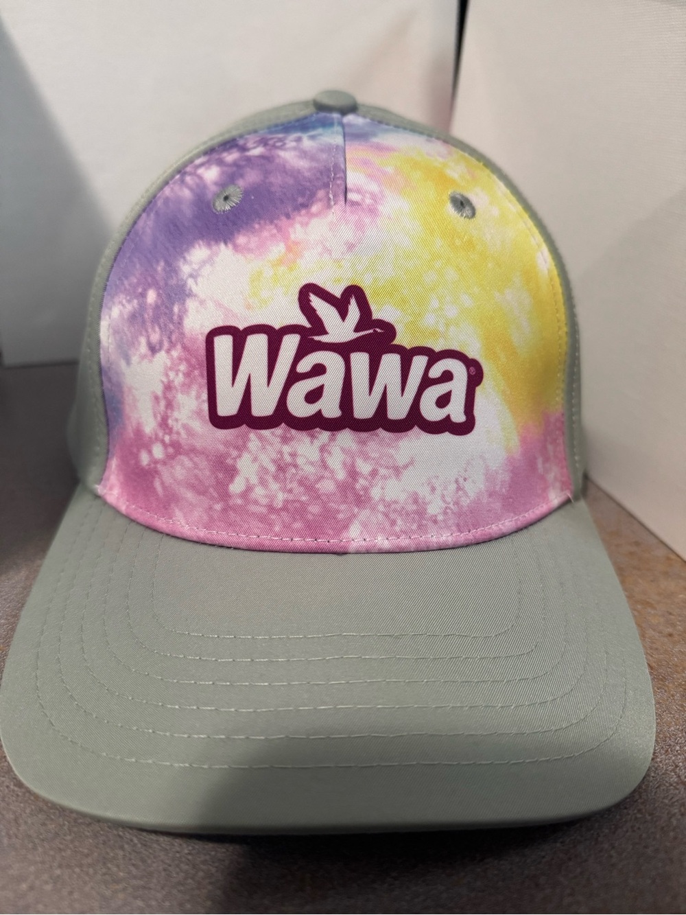 Wawa Tie-Dye Trucker Hat in Pink, Purple & Yellow with Gray Brim